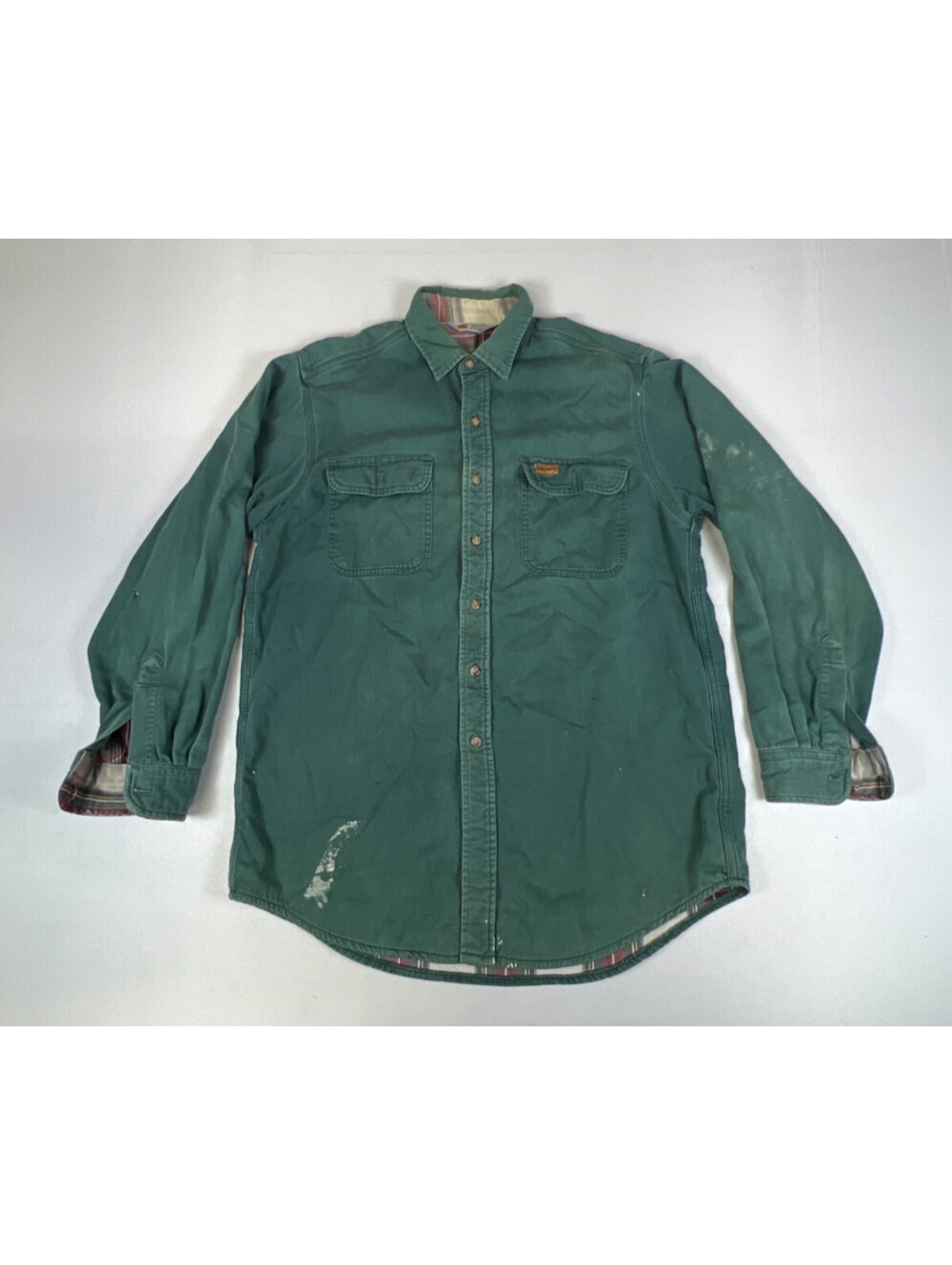 Carhartt Men Green Flannel Lined Cotton Work Shirt Utility Button Down Shirt